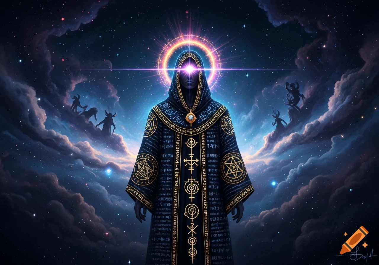 A hooded figure in an ornate, dark blue robe with glowing symbols and geometric patterns stands beneath a bright halo, with glowing eyes in a cosmic sky full of stars and clouds, and shadowy demonic figures in the distance.