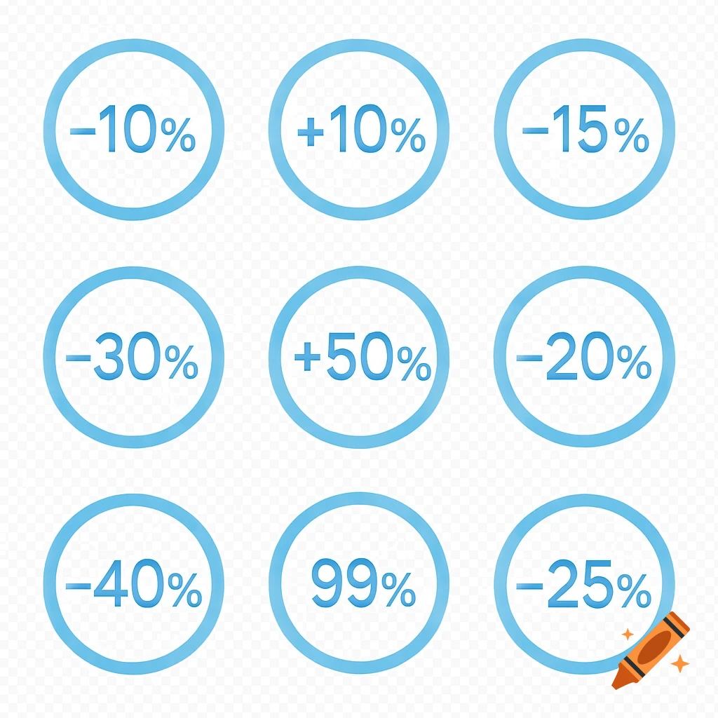 Nine blue circular icons with various percentage values, including -10%, +10%, +50%, and 99%, on a transparent background.