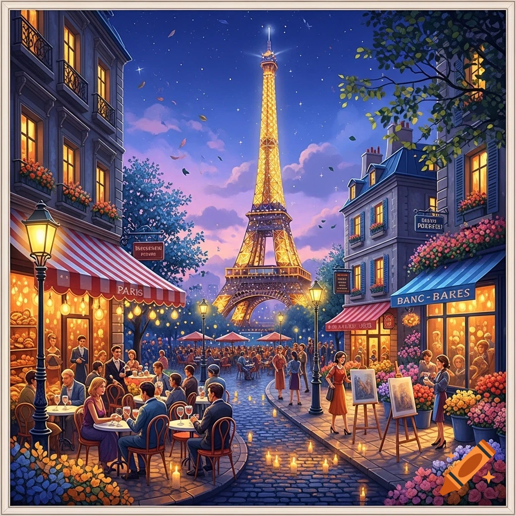 Stylized nighttime view of a bustling Parisian street with cafes, the illuminated Eiffel Tower in the background, and people dining and strolling.