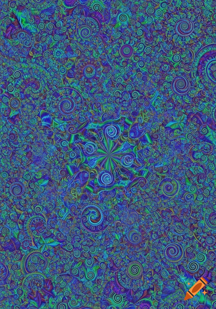 An intricate, vibrant abstract pattern of swirling, fractal-like shapes in shades of blue, green, and purple, resembling an autostereogram.