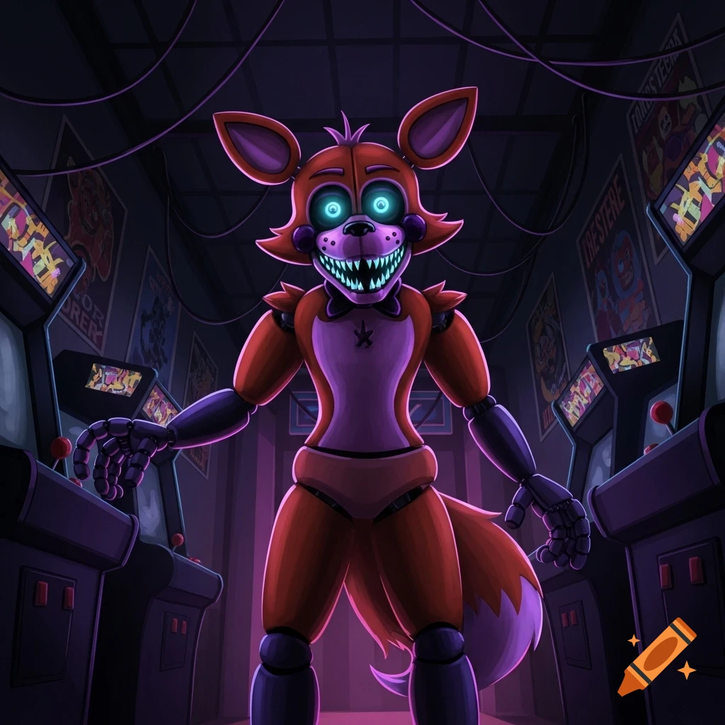 An orange and purple animatronic fox with glowing blue eyes and sharp teeth stands menacingly in a dark arcade, surrounded by vintage machines in a digital art style.