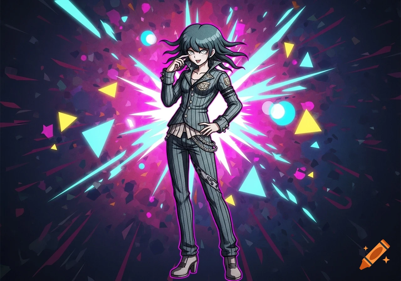 A dark-haired anime character in a pinstriped suit stands against a vibrant, abstract background with pink, blue, and yellow geometric shapes.