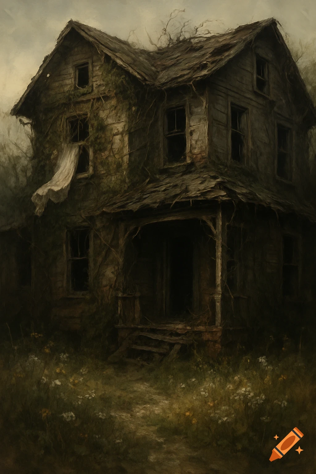 A dark, decaying two-story house with broken windows and overgrown vines stands in a grassy field under a gloomy sky, in a painterly style.