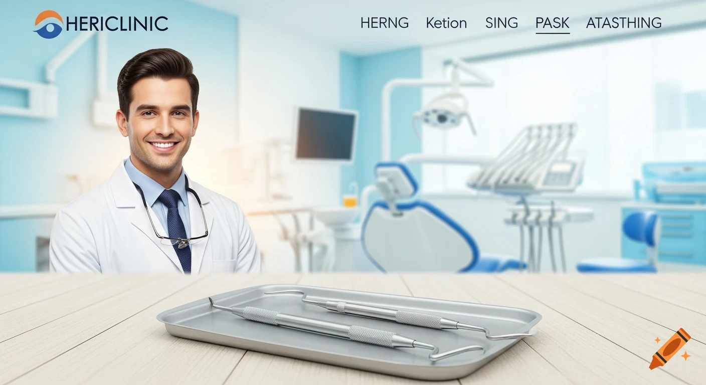 A smiling male dentist stands in a dental clinic with dental tools on a table in the foreground. Photorealistic.