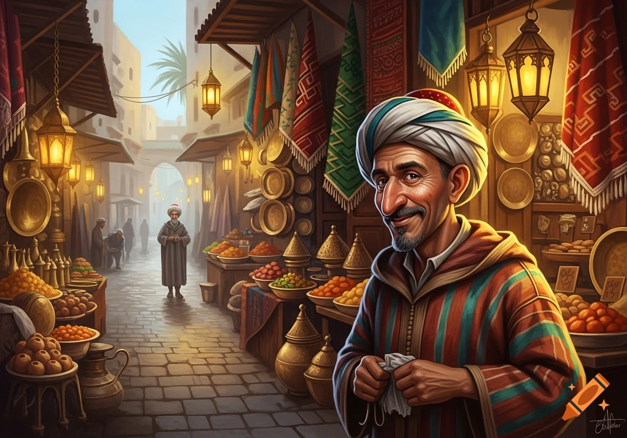 A stylized illustration of a smiling man with a large nose and turban in a bustling, vibrant Middle Eastern market with lanterns and goods.