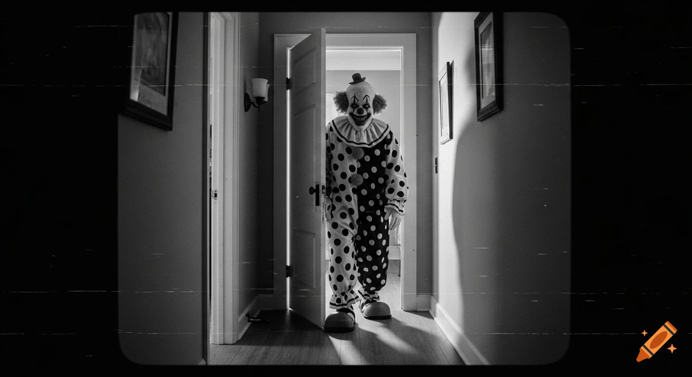 A black and white, grainy security camera view of a scary clown in a polka dot suit standing in a house doorway.