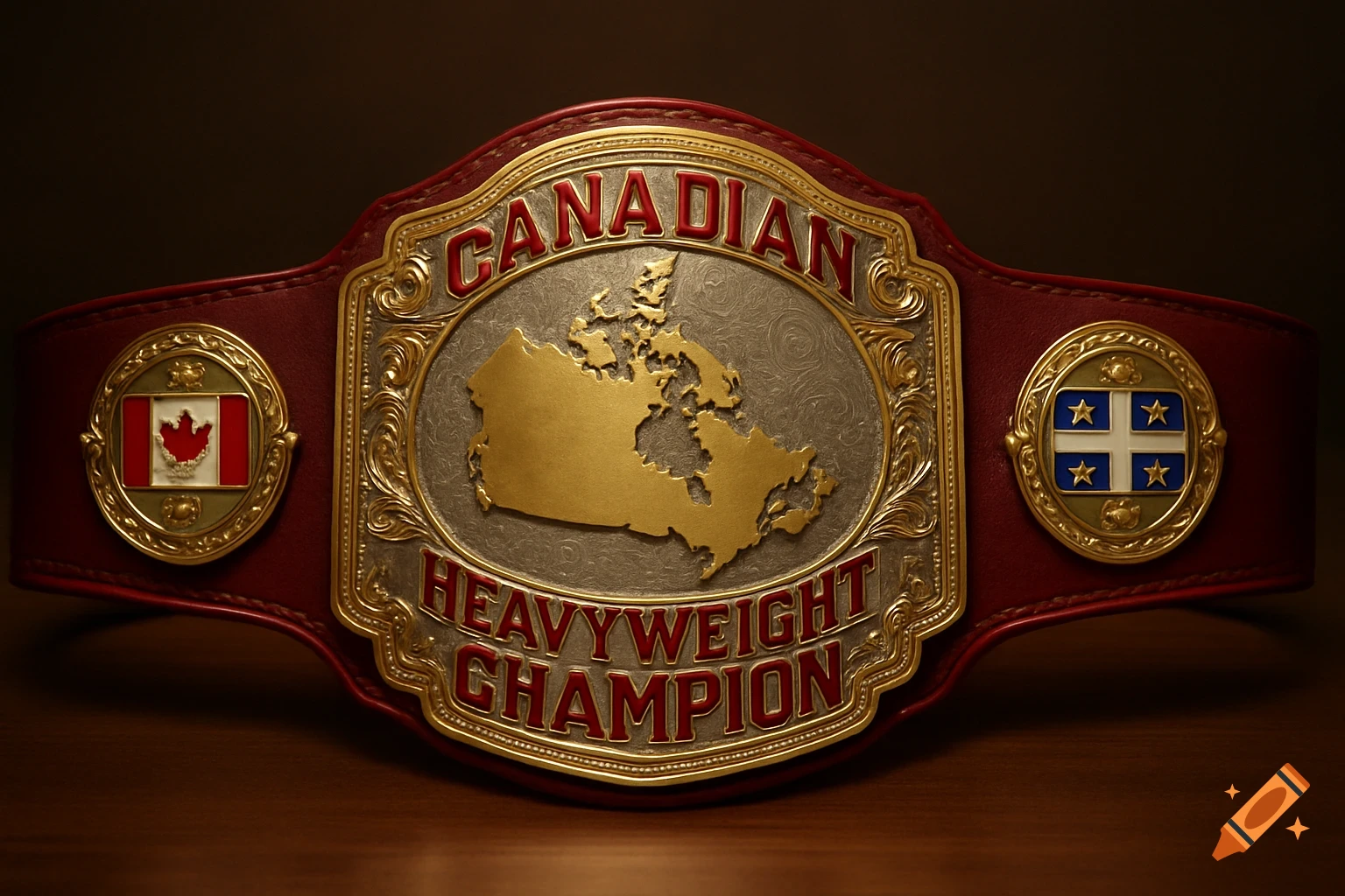 A photorealistic gold and silver Canadian Heavyweight Champion wrestling belt on a red strap, featuring the map of Canada and Canadian/Quebec flags.