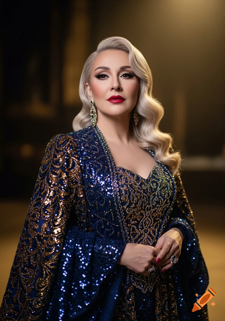 Elegant woman with blonde wavy hair, red lipstick, wearing a sparkling blue and gold sequined gown.