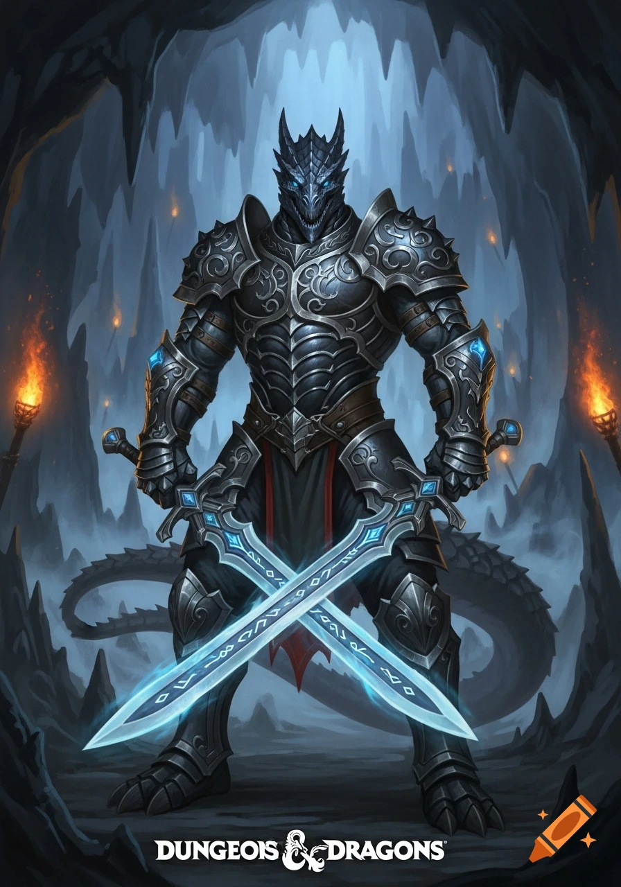 A muscular dragonborn in ornate black and silver armor stands in a dark ...