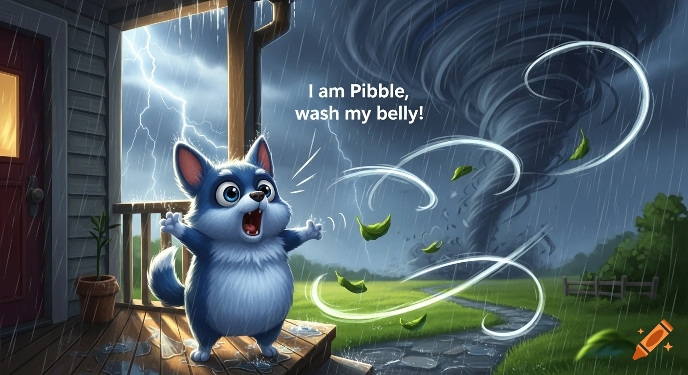 A cute blue cartoon creature, 'Pibble', on a porch in pouring rain with lightning and a tornado, exclaiming, 'I am Pibble, wash my belly!'