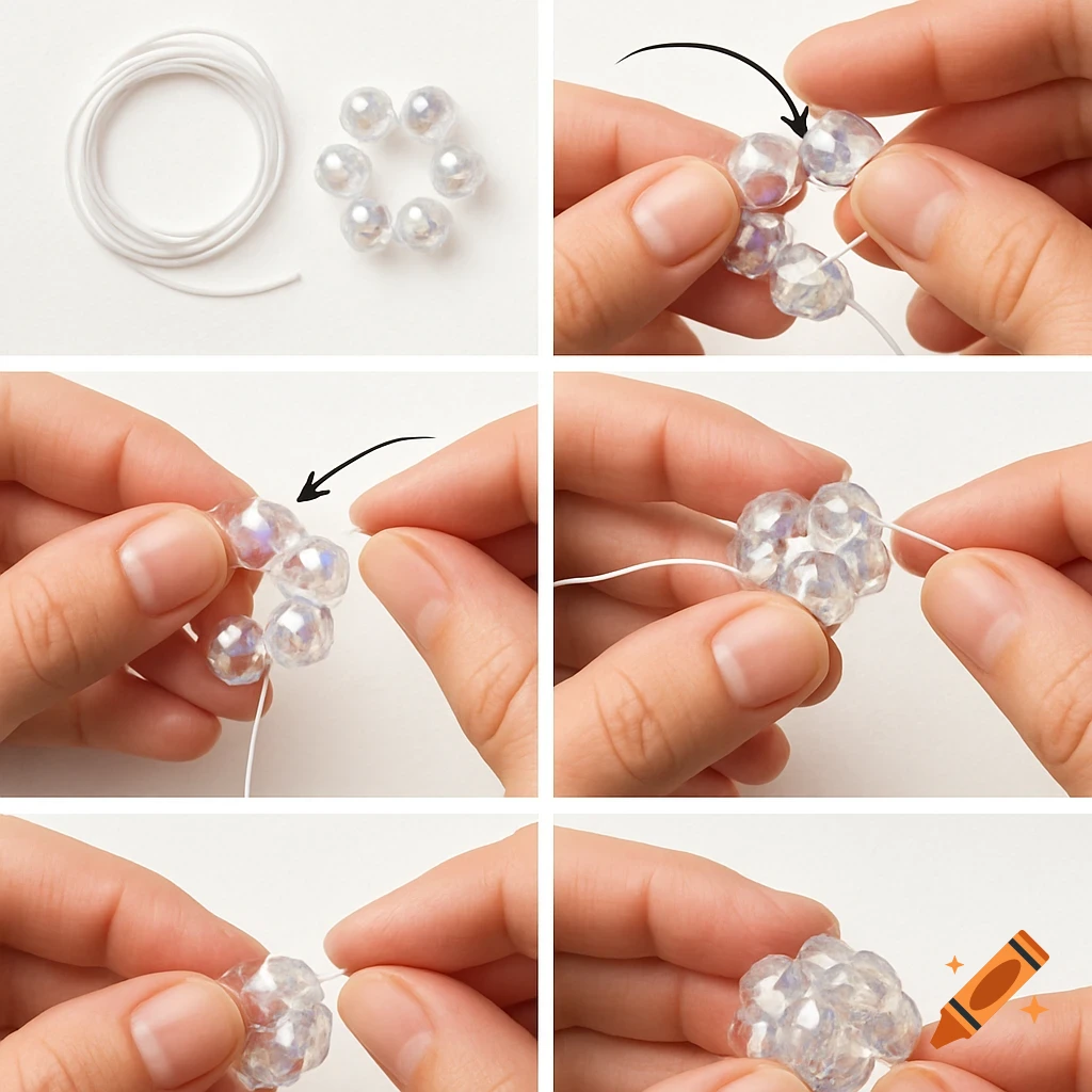 A six-panel photo tutorial showing hands making a small sparkly beaded pouch from elastic cord and faceted clear beads on a white background, with arrows indicating string path.