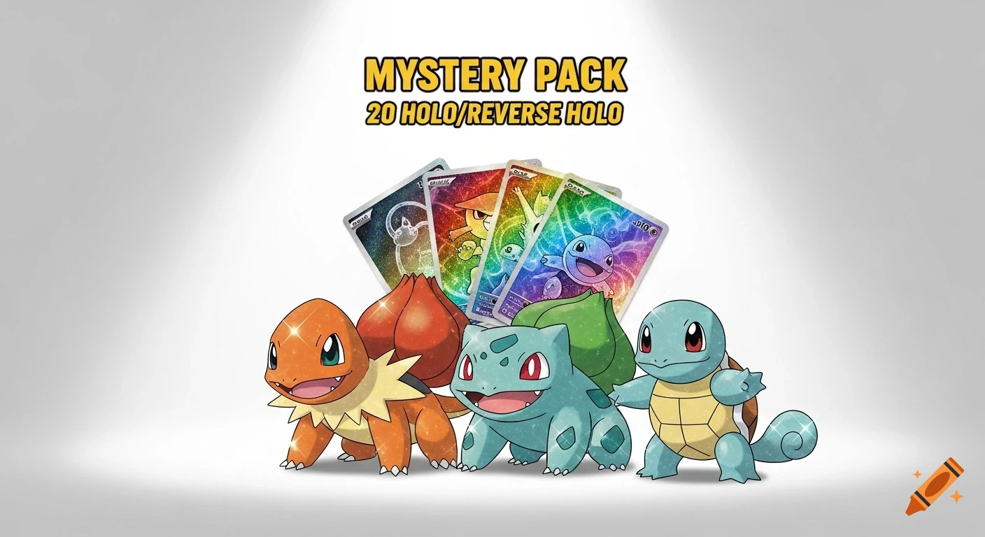 Charmander, Bulbasaur, and Squirtle stand with shiny Pok mon trading cards that say 'MYSTERY PACK 20 HOLO/REVERSE HOLO' on a white background.