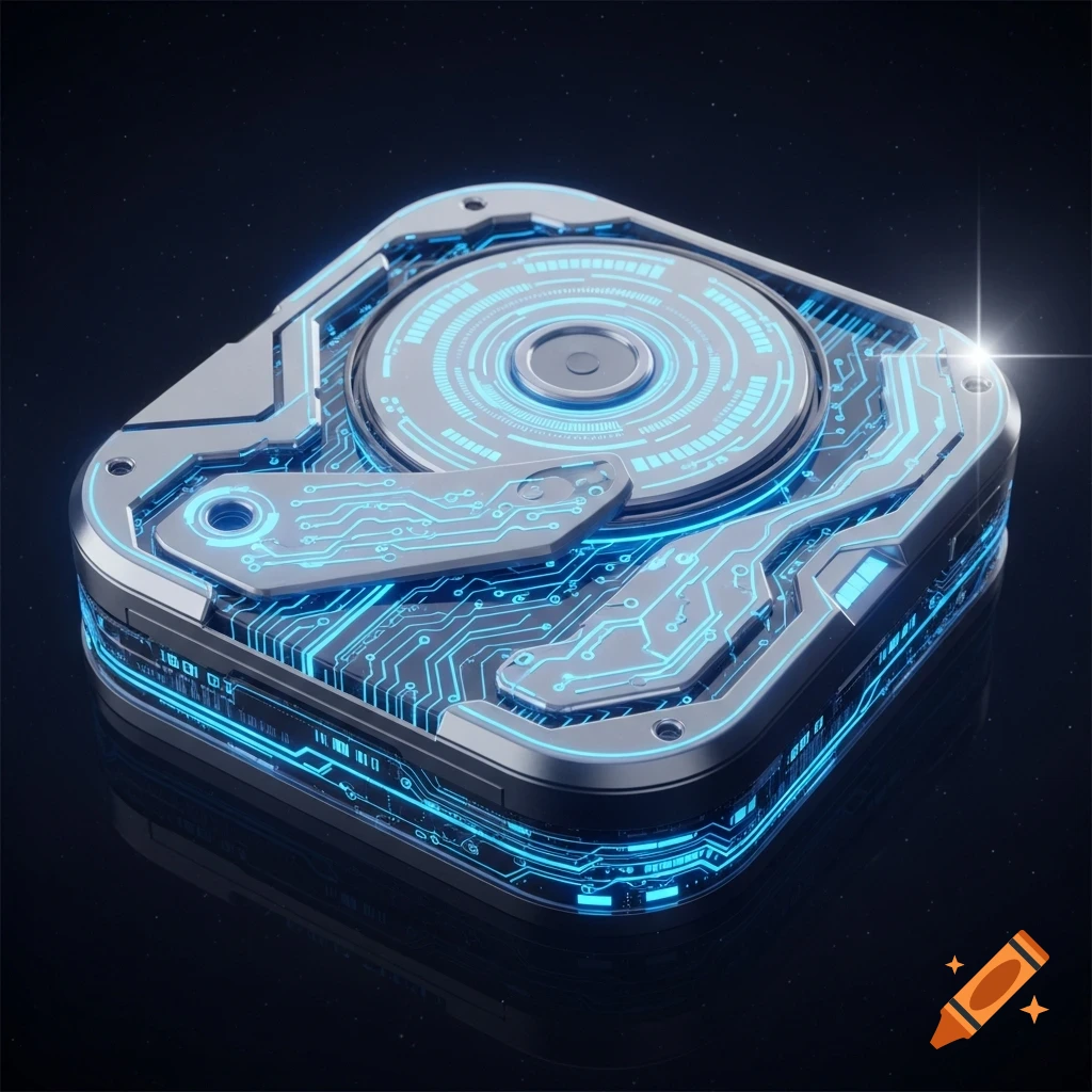 Futuristic hard drive with metallic casing and glowing blue circuit patterns on a dark, starry background.