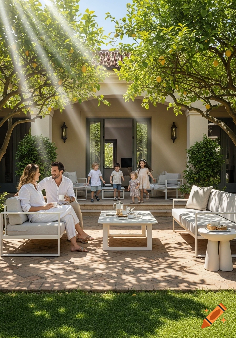 A couple drinks coffee on a sunny patio under lemon trees while several children play in the background.