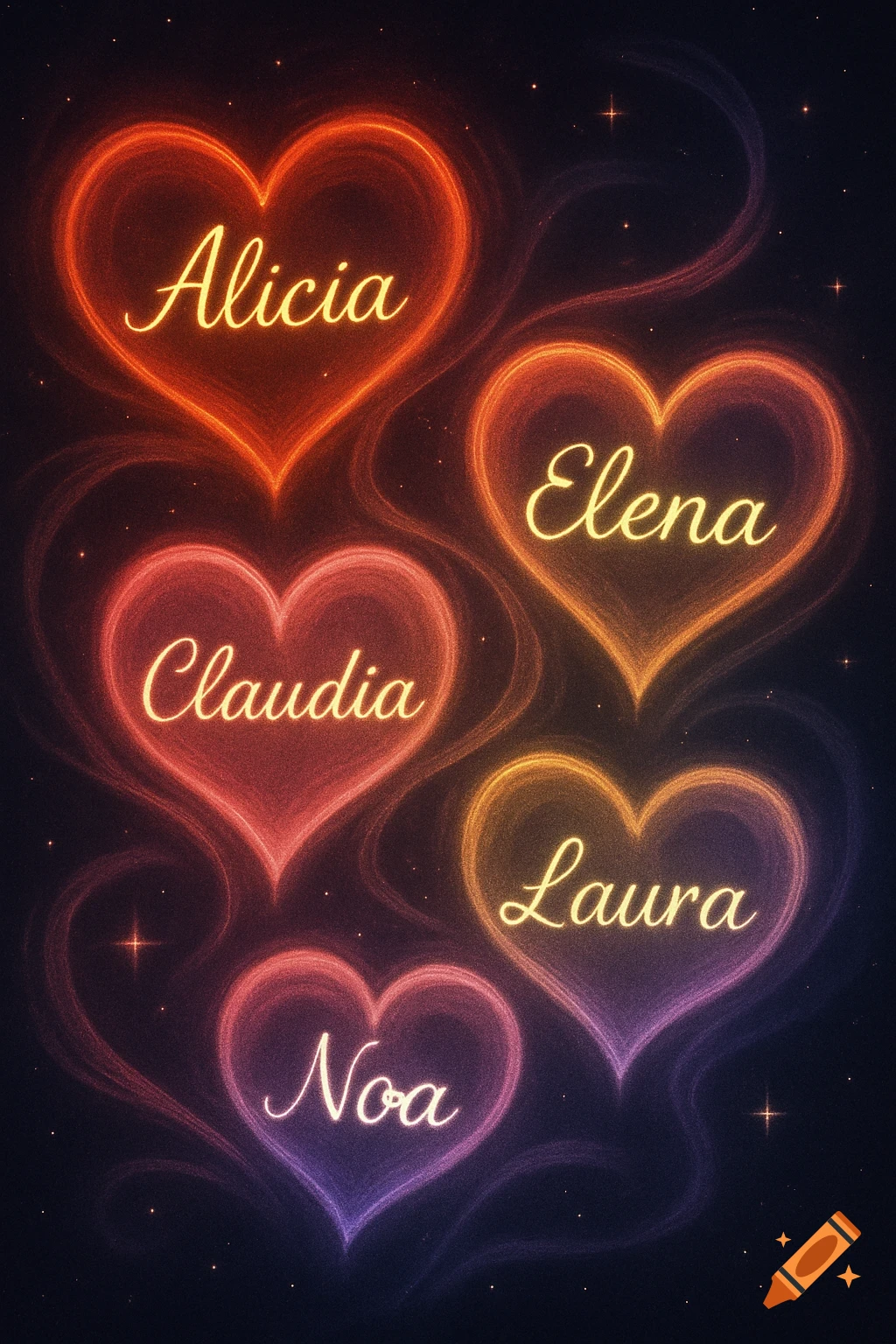 Five glowing, colorful hearts with names Alicia, Elena, Claudia, Laura, and Noa on a dark, star-speckled background.