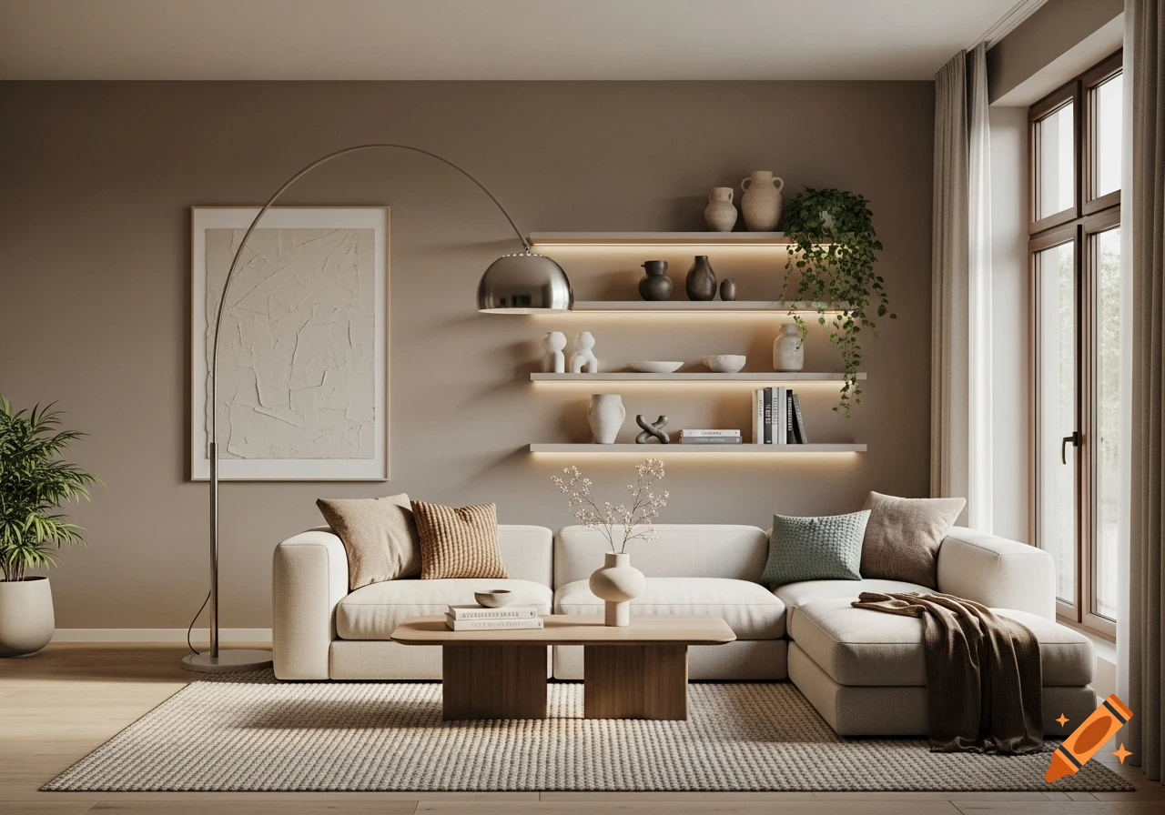 A photorealistic image of a modern living room with a beige L-shaped sofa, wooden coffee table, illuminated shelves, and an arched floor lamp.