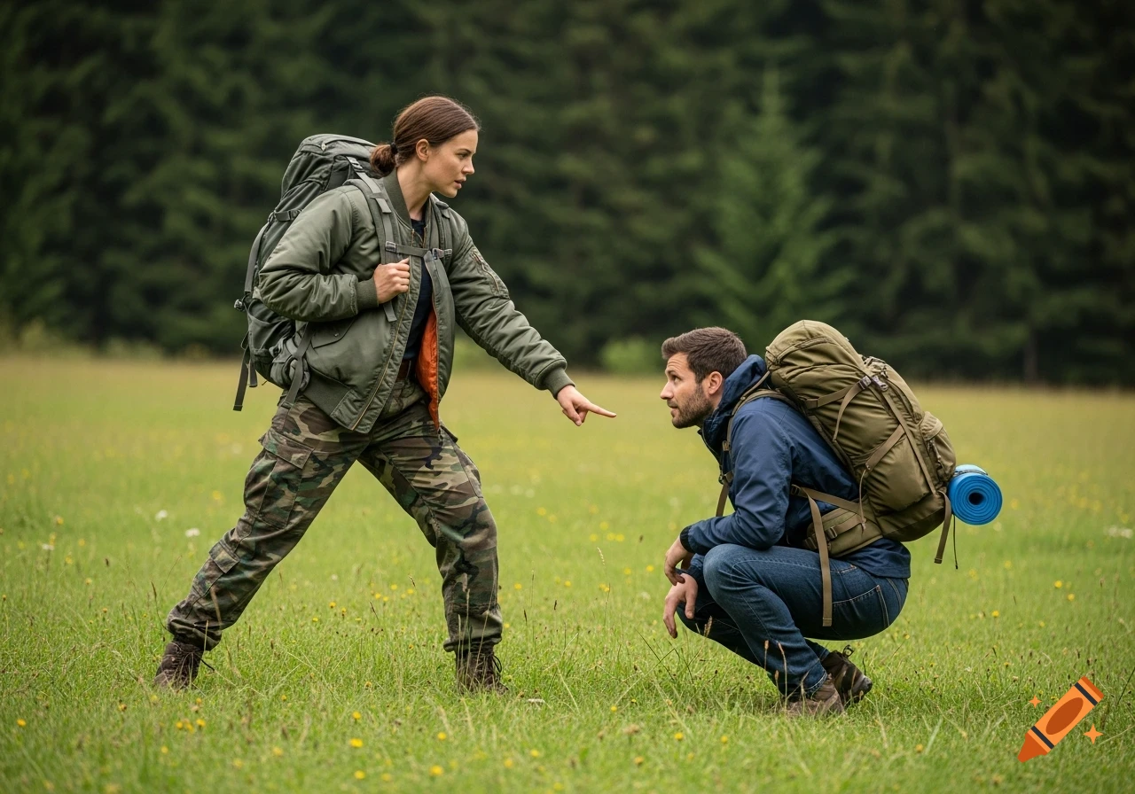 A woman in a bomber jacket and camo pants points at a crouching man in a blue jacket and jeans, both with backpacks in a grassy field.