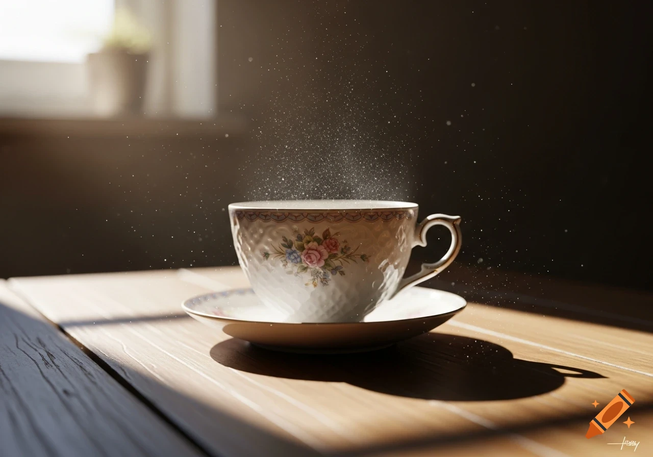Photorealistic image of a vintage teacup and saucer on a wooden table, with sparkling dust rising from the cup in a sunbeam.