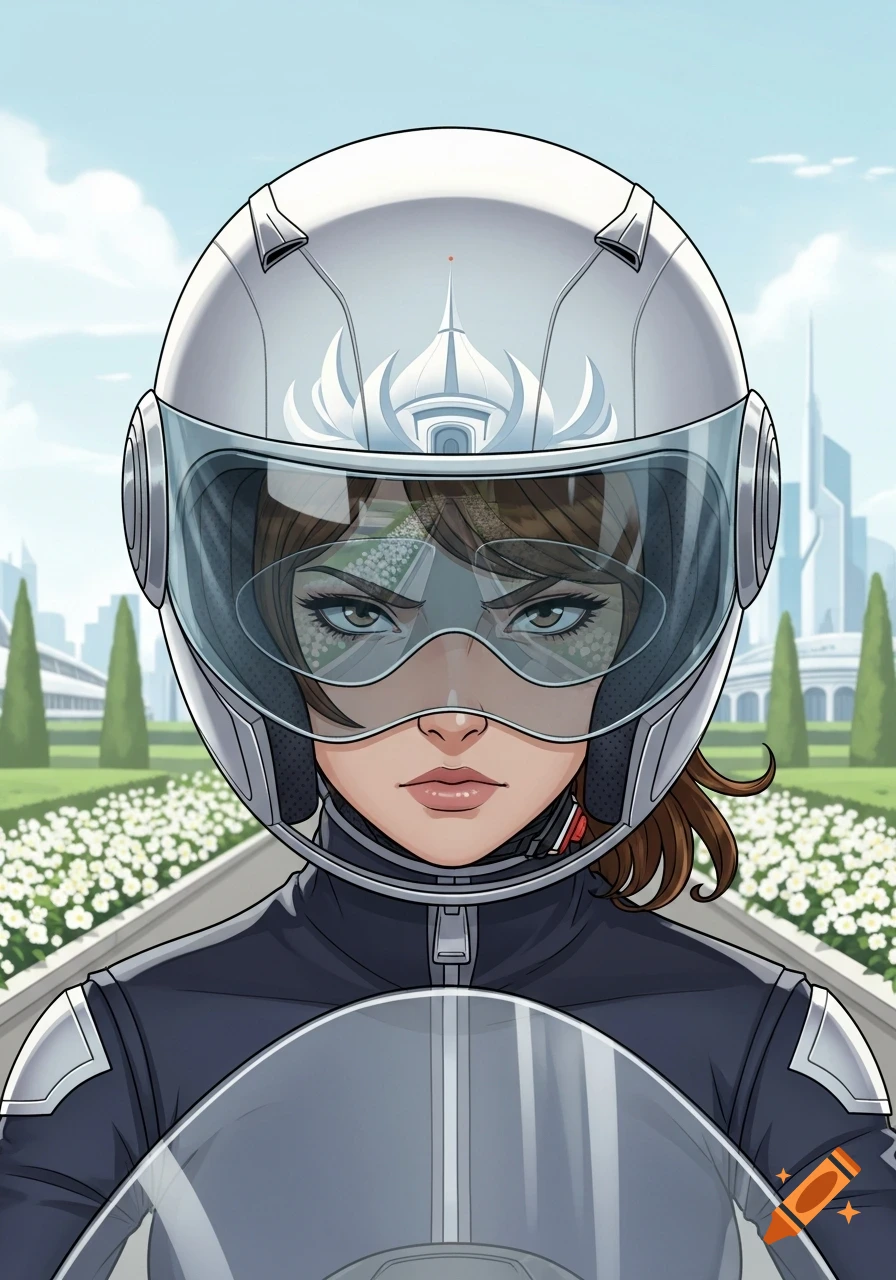 Close-up 2D art of a determined woman in a futuristic motorcycle helmet, riding past white flower beds and a sci-fi cityscape.