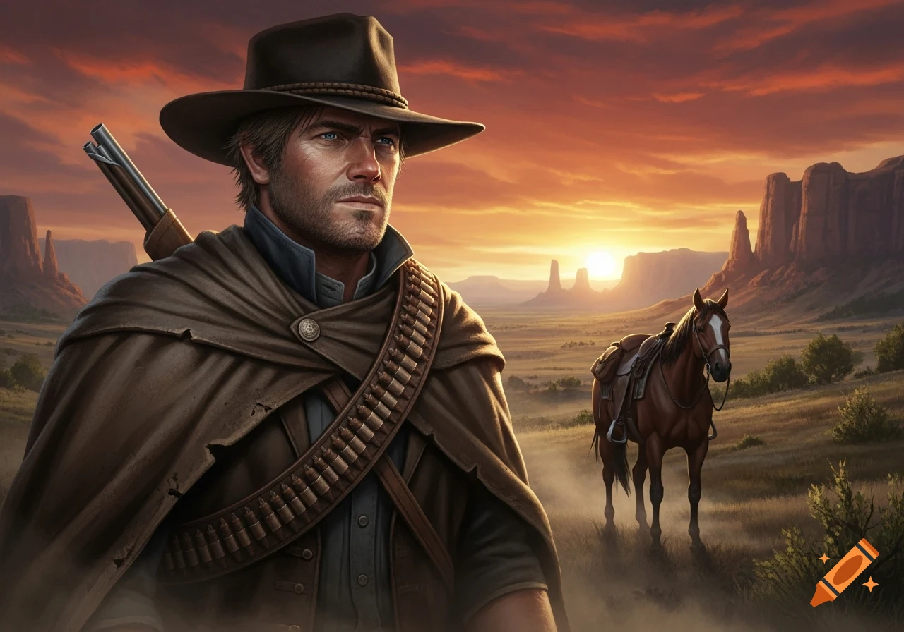 A rugged cowboy, Arthur Morgan, stands with a rifle and a horse in a dramatic desert landscape at sunset.