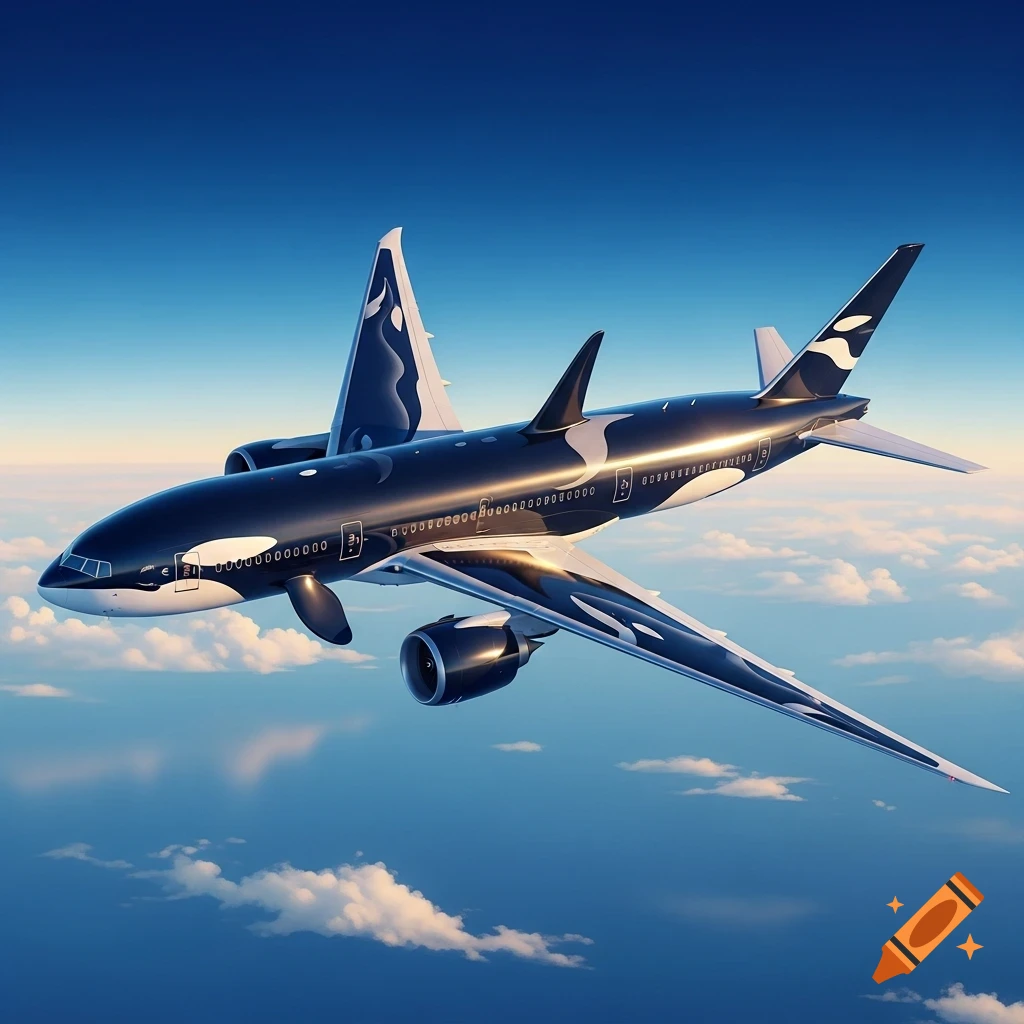 Photorealistic airplane with black and white orca livery flying above clouds in a blue sky.