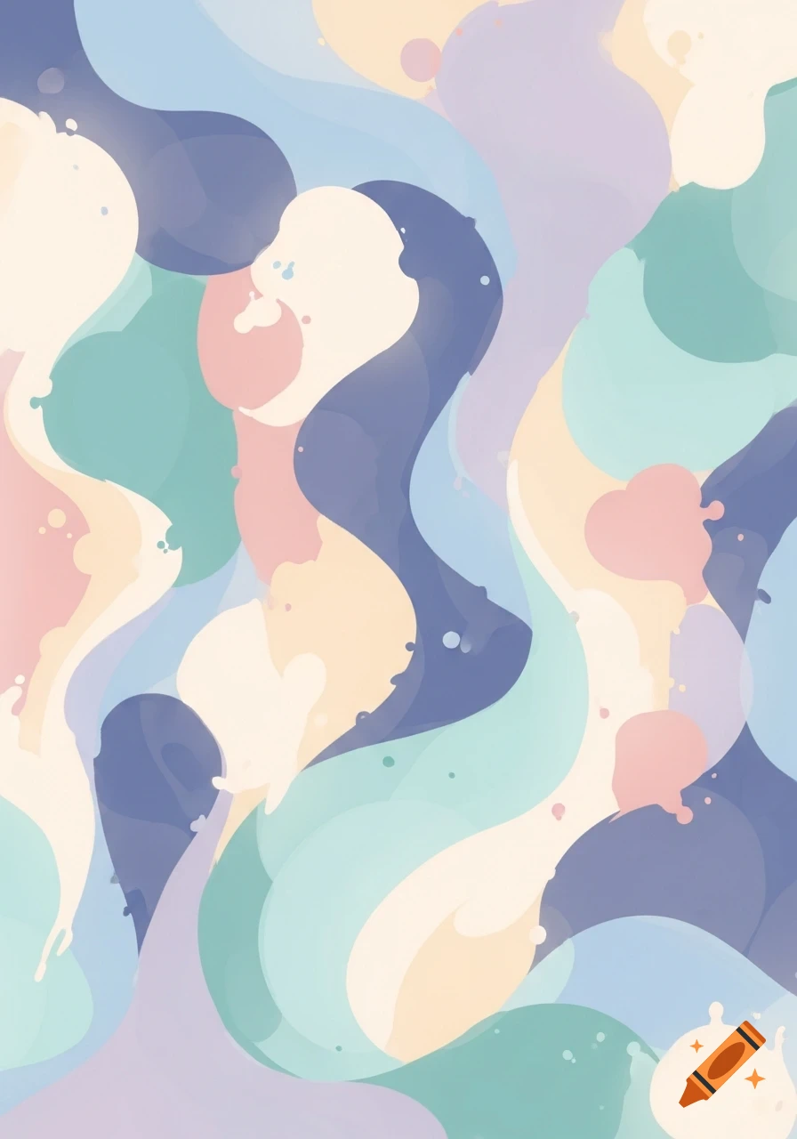 Abstract art with flowing, organic shapes in soft pastel colors like cream, blue, green, pink, and purple.