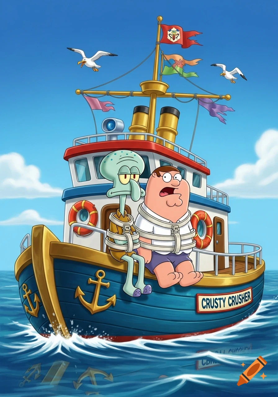 Cartoon characters Squidward Tentacles and Peter Griffin, both wearing straight jackets, sit on a blue and gold tugboat named "CRUSTY CRUSHER" on a wavy blue ocean under a clear sky with seagulls.