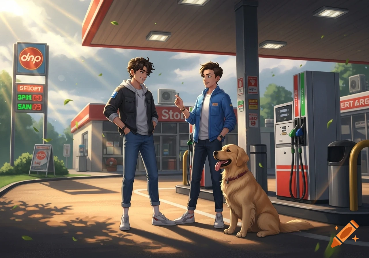 Two young men chat at a gas station with a golden retriever sitting next to them in a bright anime style.