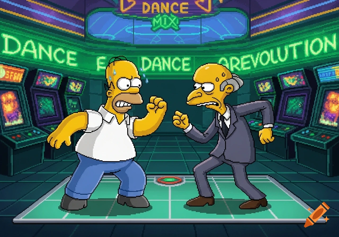 Pixel art of Homer Simpson and Mr. Burns facing off on a Dance Dance Revolution pad in an arcade, with neon signs saying "Dance Mix" and "Dance Revolution".