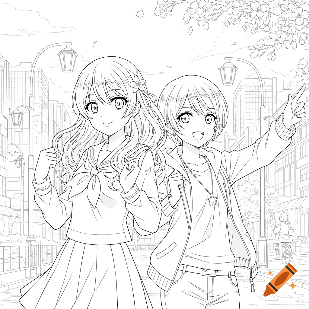 Black and white anime coloring page of a girl in a school uniform and a boy in a hoodie walking on a city street with cherry blossoms.