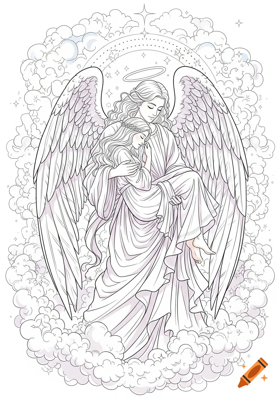 A line art coloring page features a large angel with wings embracing and holding a smaller angel amidst clouds and stars.