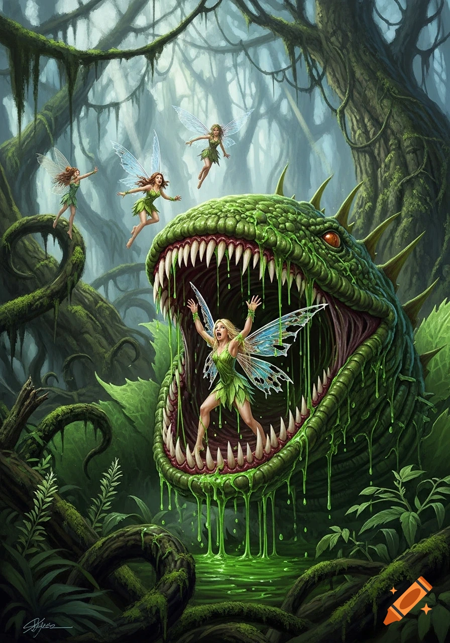 Digital painting of a giant carnivorous plant devouring a fairy in a dark jungle, while other fairies fly in terror.