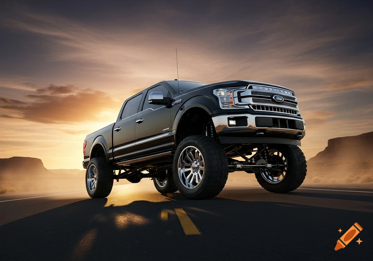 A black lifted Ford F-150 pickup truck on a desert road at sunset with mountains in the background, photorealistic style.