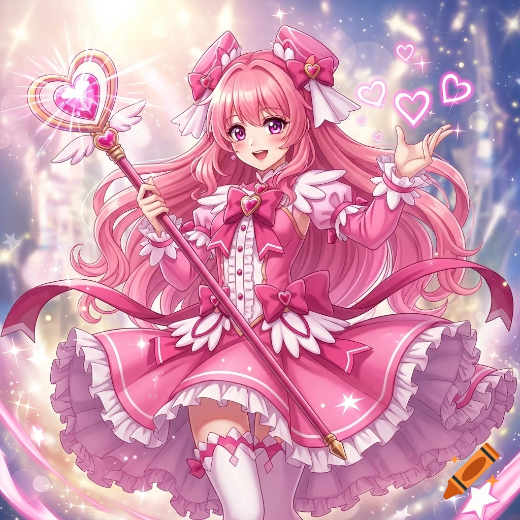 A pink-haired anime magical girl in a ruffled pink dress holds a heart-tipped staff, smiling amidst glowing hearts and sparkles in a fantasy setting.