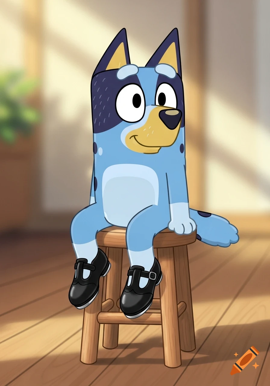 Cartoon character Bluey Heeler sits on a wooden stool, wearing black Mary Jane tap shoes.