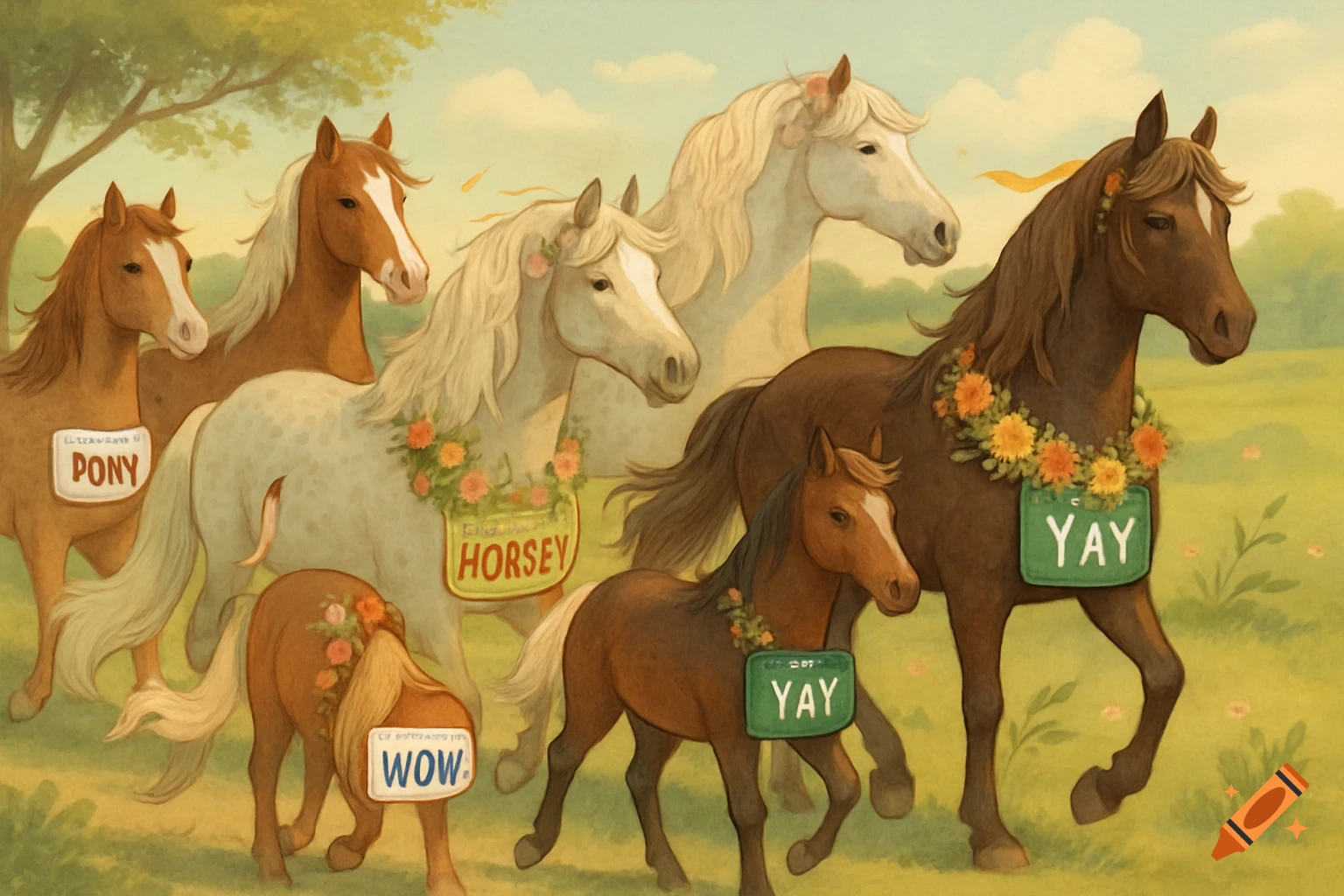 A whimsical illustration of several horses and ponies in a green field, wearing floral garlands and license plates with words like "PONY", "HORSEY", "YAY", and "WOW".