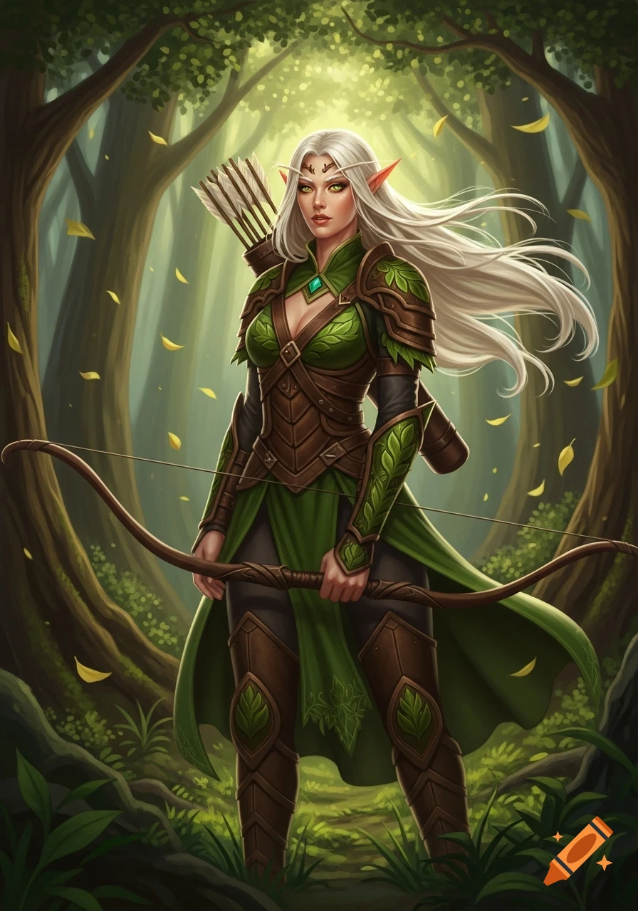 A white-haired wood elf female ranger in green and brown leather armor holds a bow in a sunny forest.