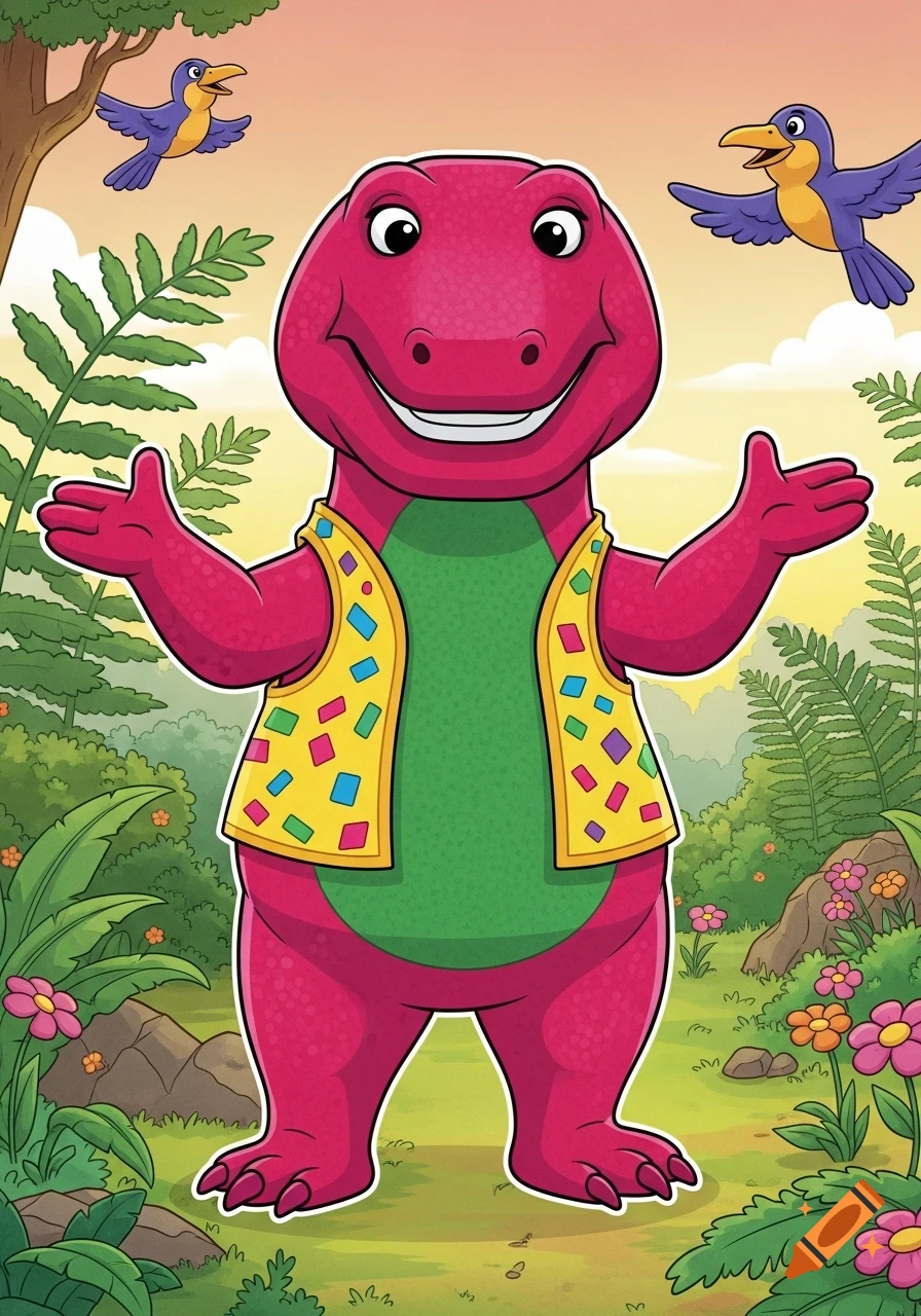 A friendly purple dinosaur resembling Barney wears a patterned yellow vest, standing with open arms in a lush green forest with birds.