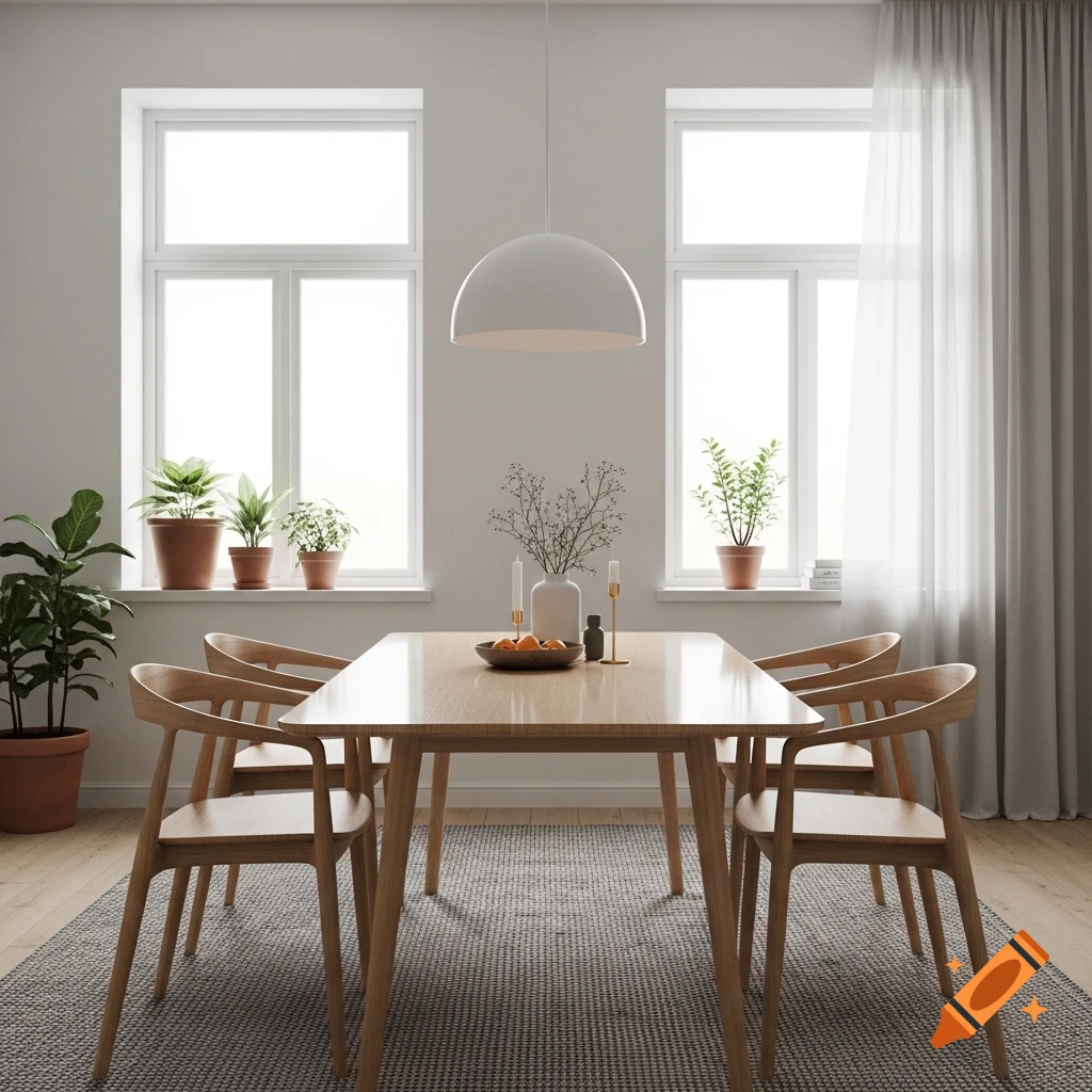 A modern Scandinavian dining room with a light wooden table and chairs on a grey rug, illuminated by natural light from two large windows with sheer curtains. Green potted plants are on the windowsill and floor.