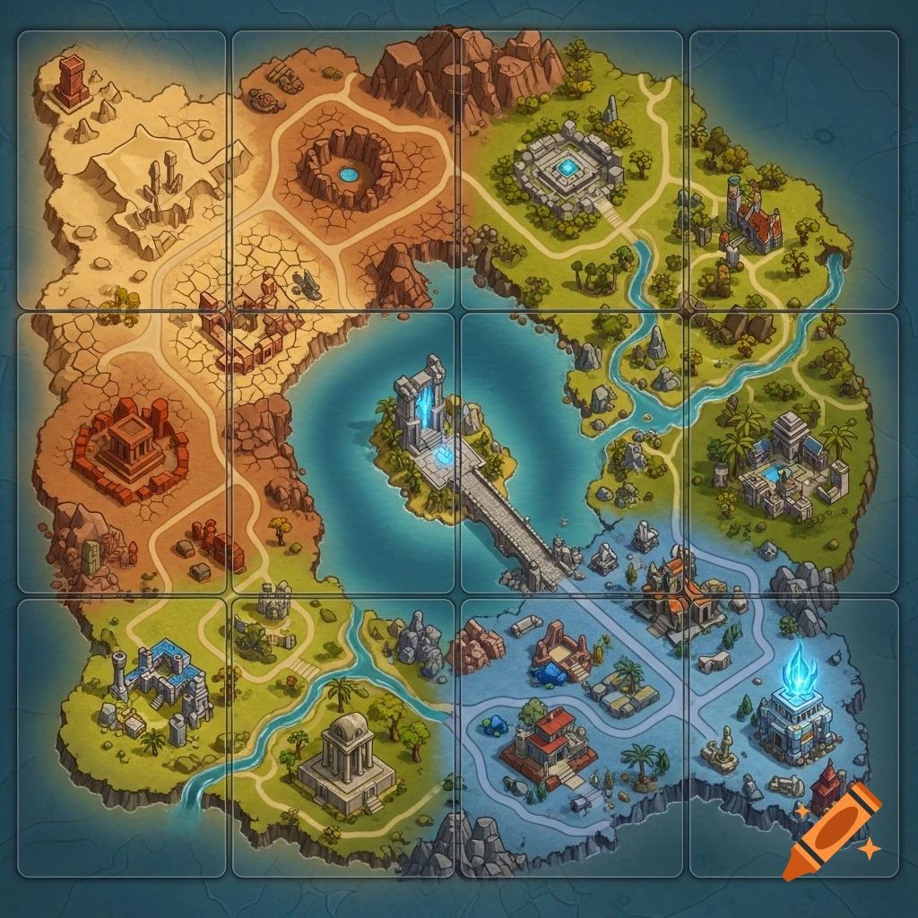 A colorful, isometric fantasy world map for a mobile game, divided into a 3x2 grid, showing deserts, forests, rivers, and various ancient structures with a central lake and bridge.