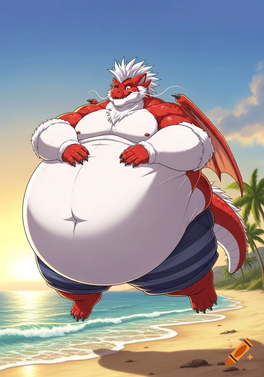 A cartoony, extremely obese red anthropomorphic dragon with white fur and a spiky mohawk floats above a sunny beach, resting his hands on his belly.