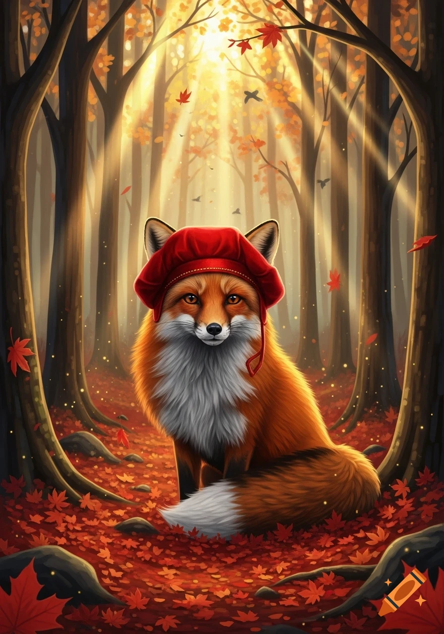 A cute fox in a red beret sits among fallen autumn leaves in a sunlit forest.