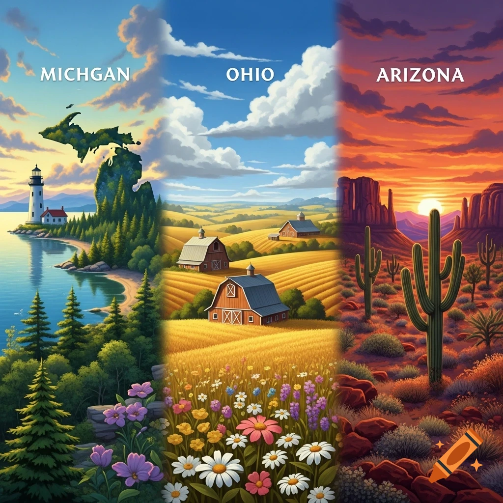 Stylized illustration of three US states: Michigan (lighthouse, lake), Ohio (farmland), and Arizona (desert, cacti, sunset), with state names in the sky.