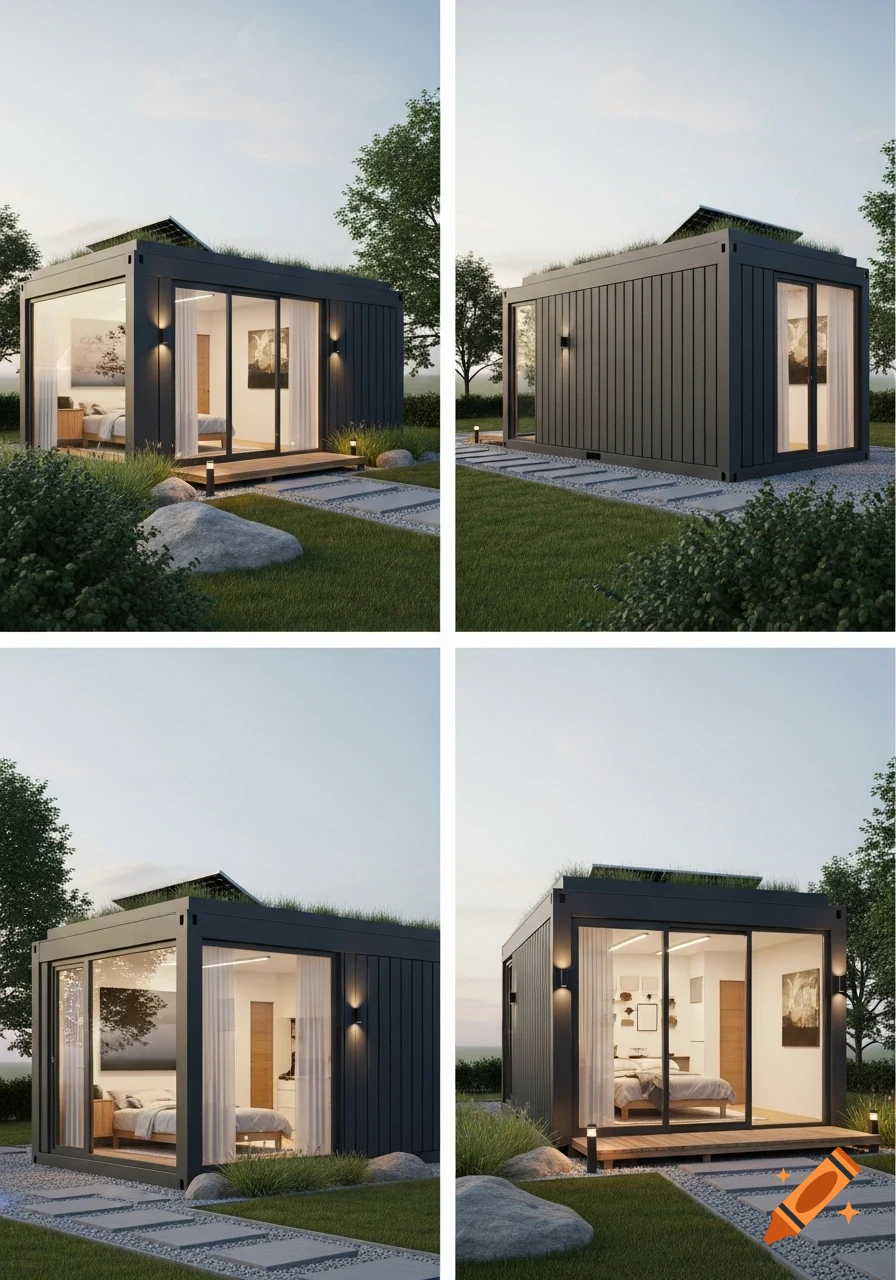 Four views of a modern dark gray container house with a green roof, large windows, and landscaped surroundings at dusk.