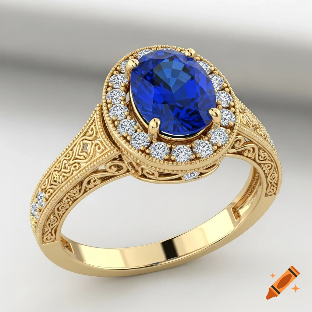 A gold ring featuring a large oval blue sapphire gemstone surrounded by smaller diamonds, with ornate engravings on the band.