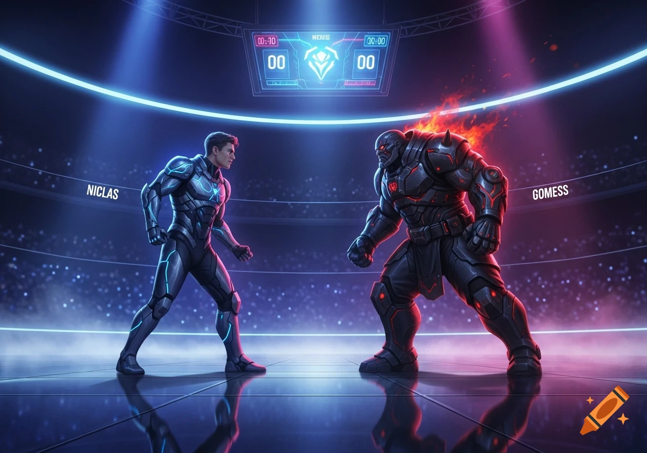 Two armored figures, one glowing blue and one with fire, stand ready to fight in a futuristic arena under blue and red lights.