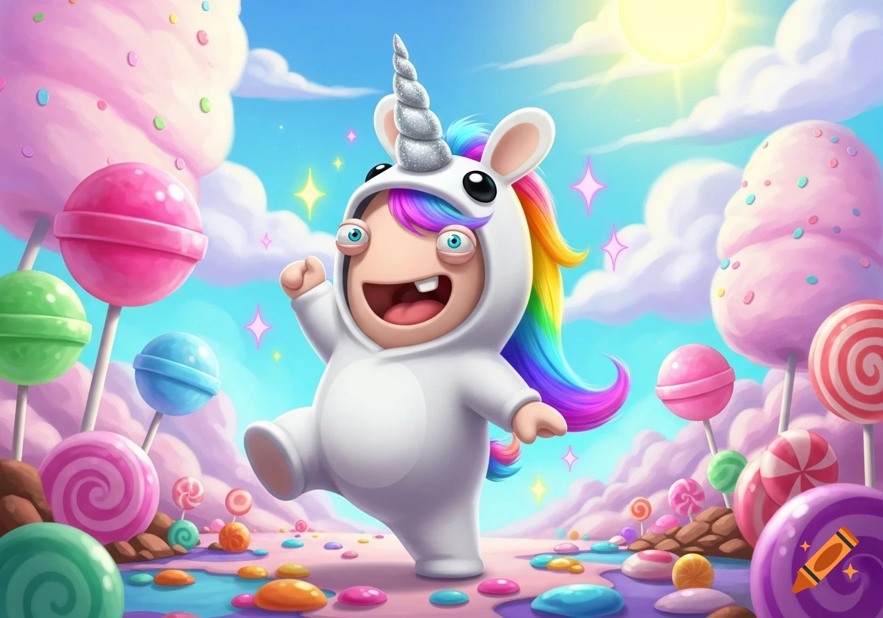 A joyful Raving Rabbid in a unicorn costume skips through a colorful candy land with lollipops and cotton candy clouds.