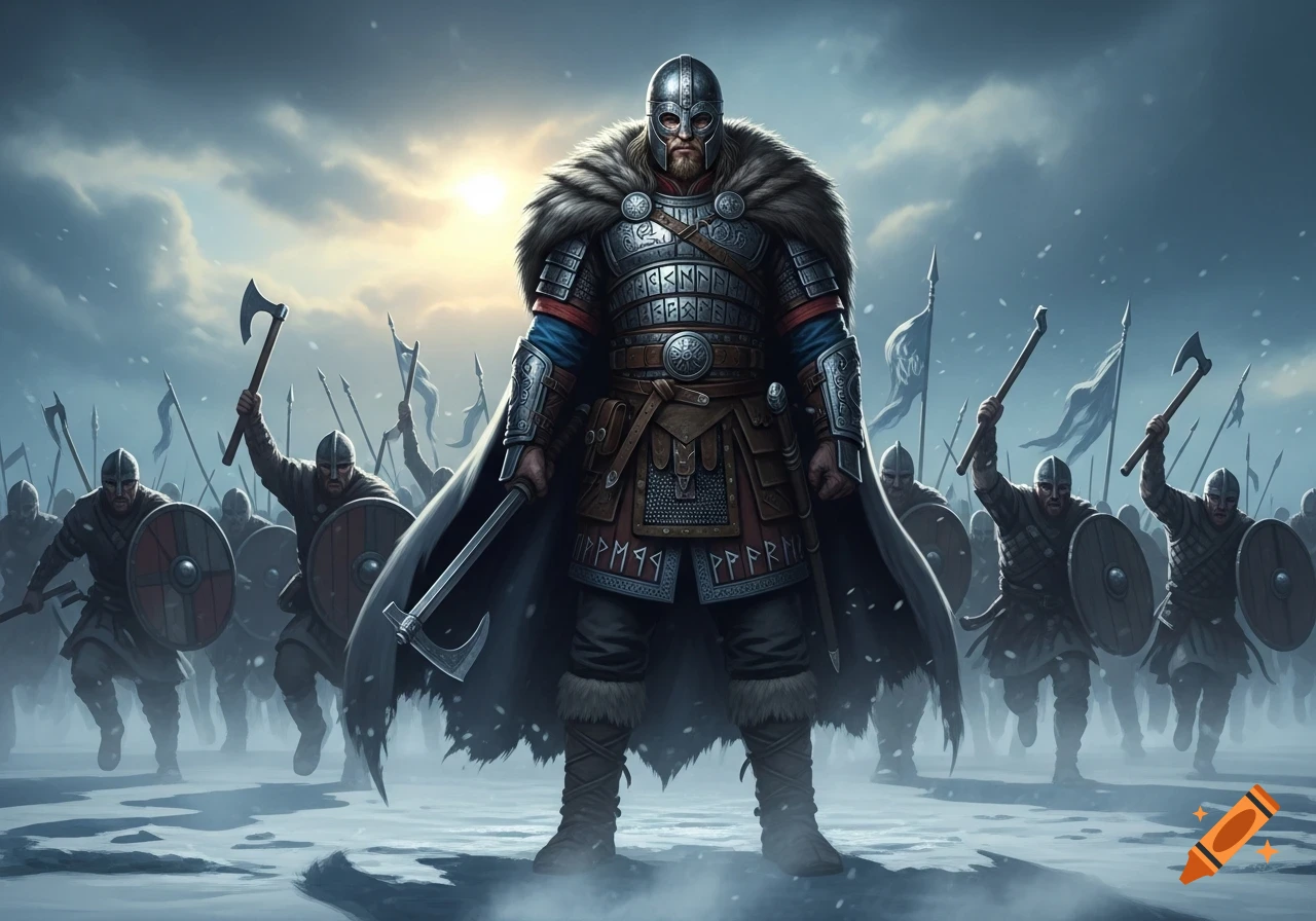 A heavily armored Viking warrior stands with an axe before a charging army in a snowy, overcast landscape.