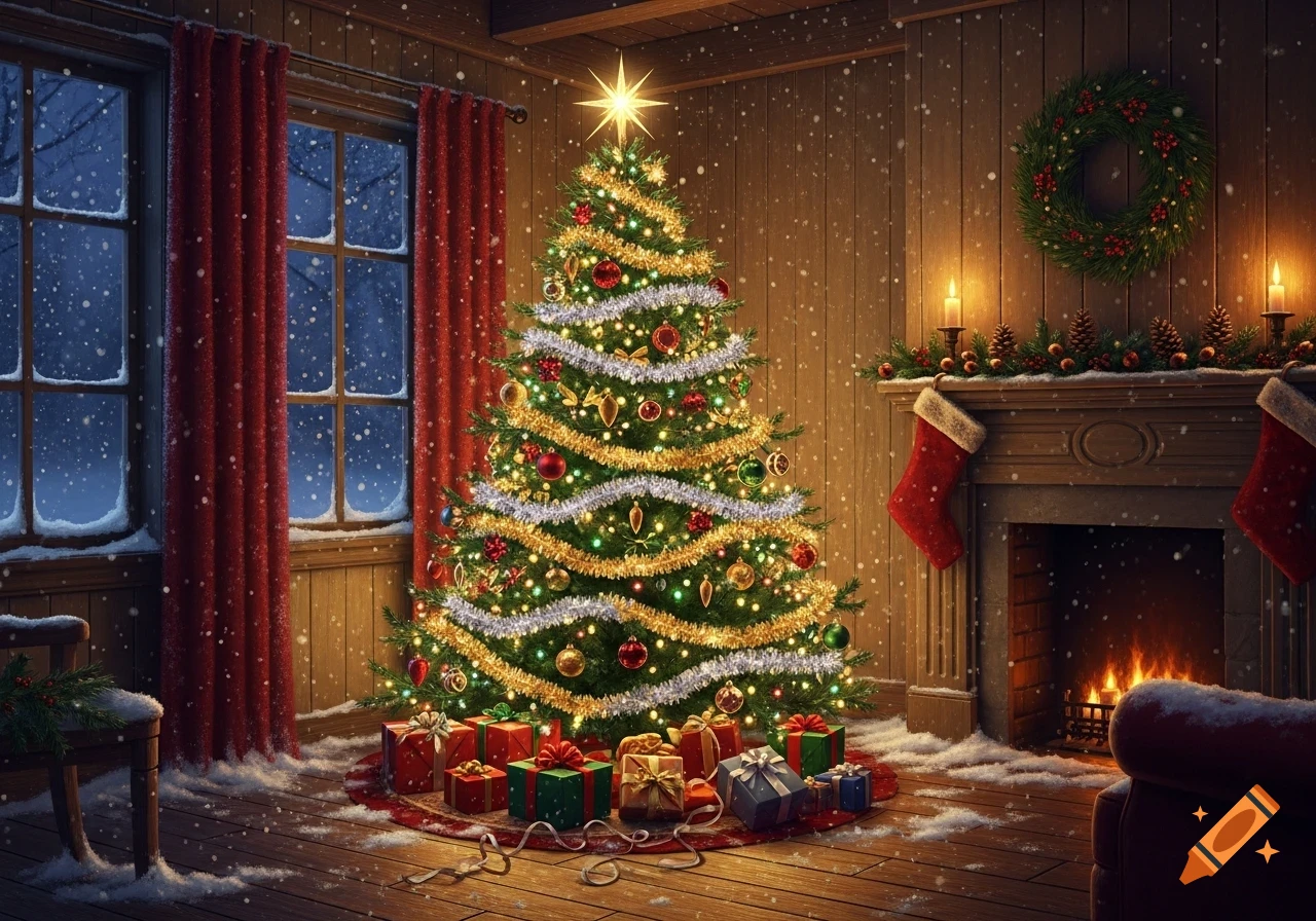 A cozy room decorated for Christmas with a large, lit Christmas tree, presents, a glowing fireplace, and snow falling outside windows.