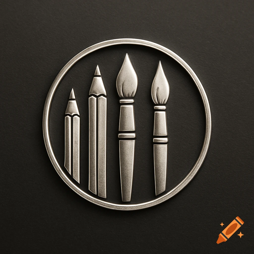 A silver metallic logo showing two pencils and two paintbrushes arranged vertically within a circular border on a dark background.